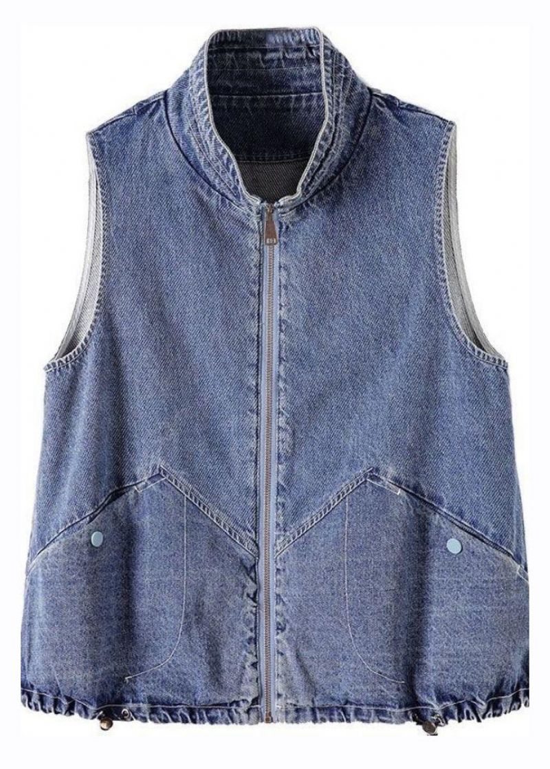 Modieus Blauw Denim Gilet Met Opstaande Kraag En Ritssluiting Herfst - Dames winterjassen