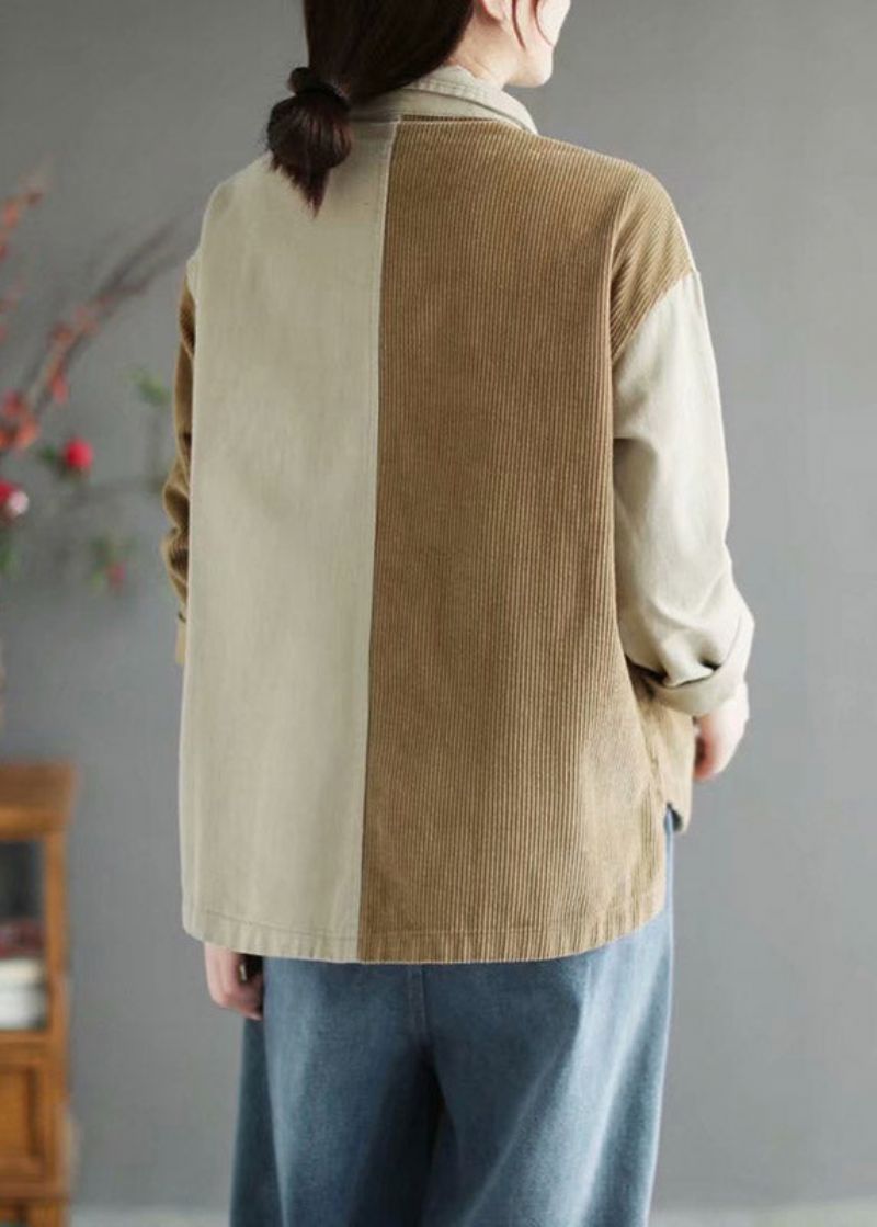 Mooie Beige Peter Pan Kraag Patchwork Corduroy Jassen Met Lange Mouwen - Beige