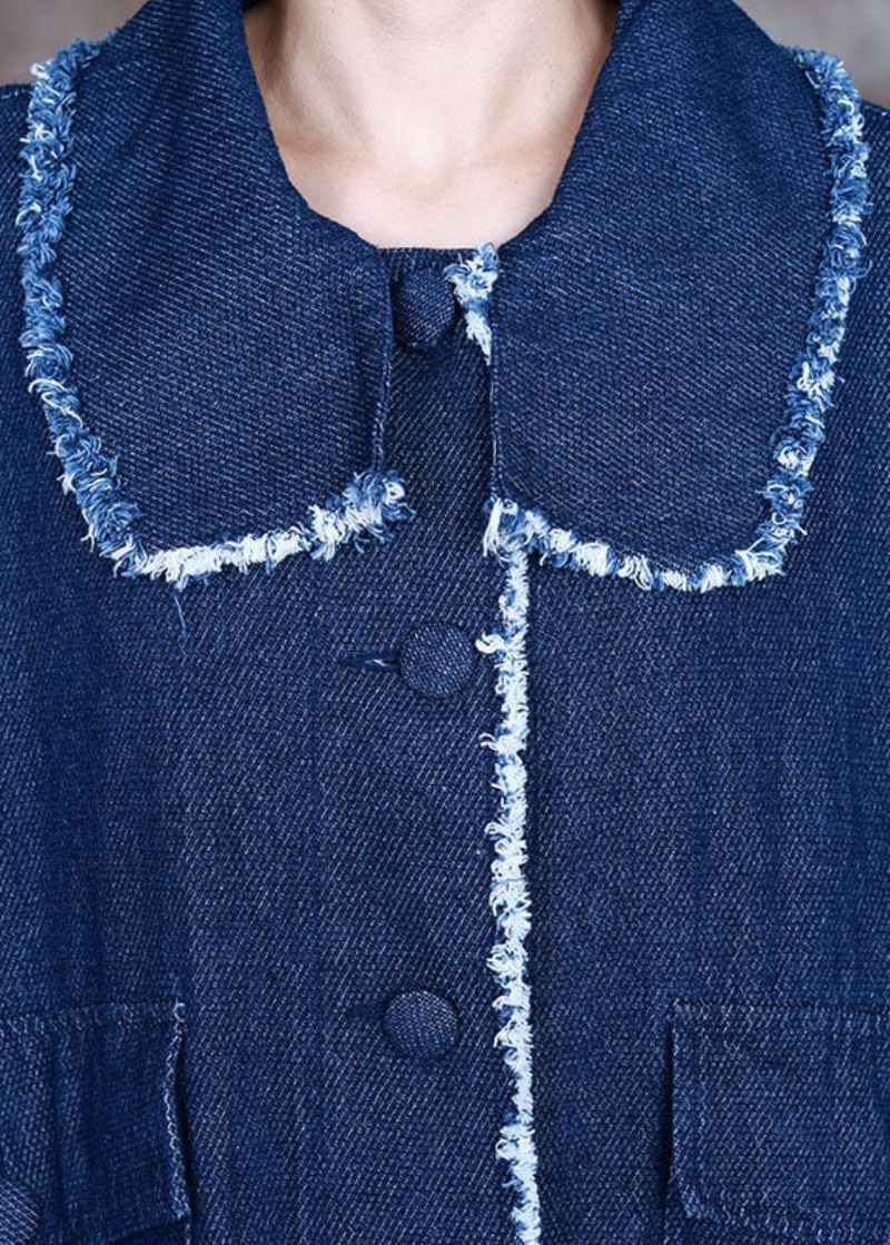 Mooie Blauwe Peterpan-kraag Met Knoop Aan De Zijkant Open Denimjas Winter - Dames winterjassen