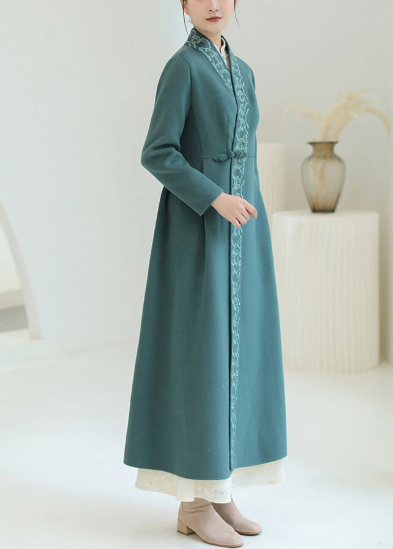 Mooie Groene Geborduurde Wollen Trenchcoats Met Chinese Knopen Winter - Dames winterjassen