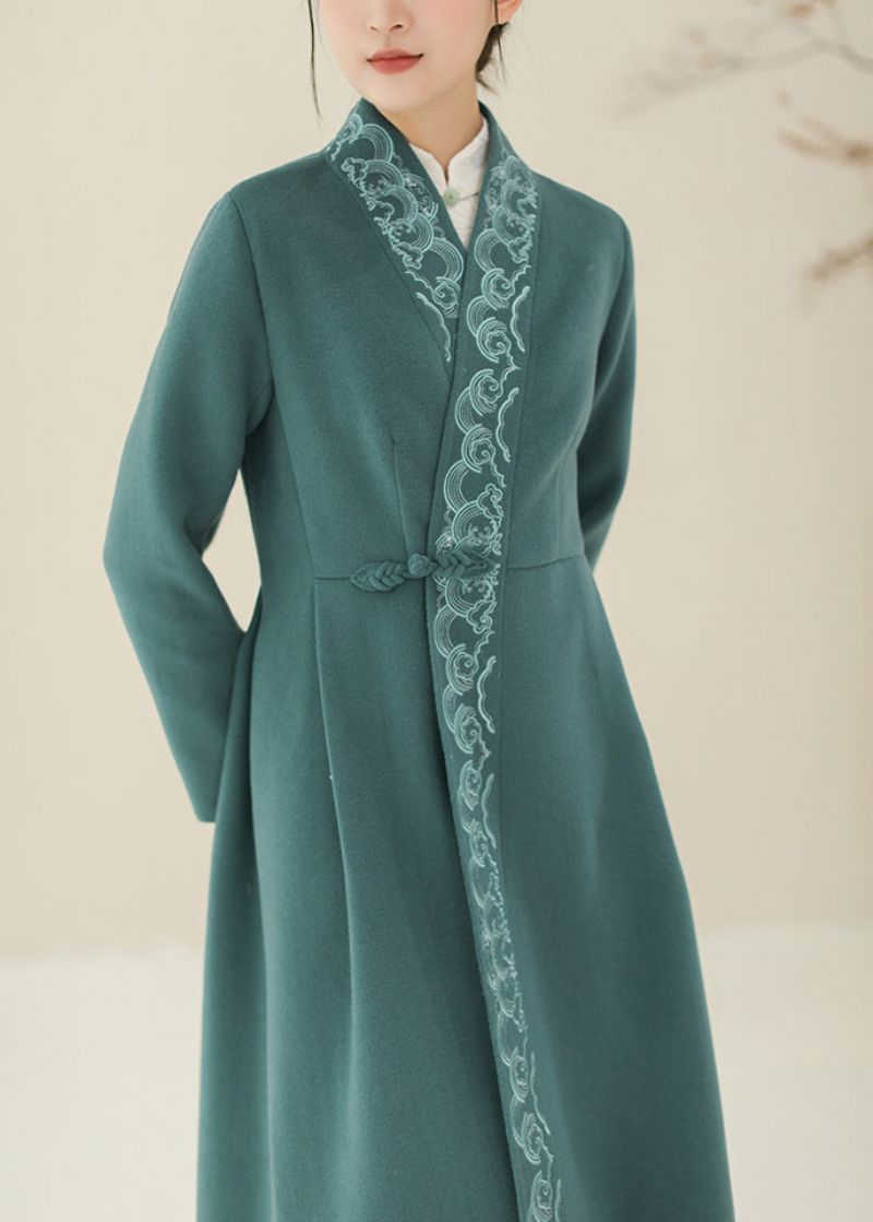 Mooie Groene Geborduurde Wollen Trenchcoats Met Chinese Knopen Winter - Dames winterjassen