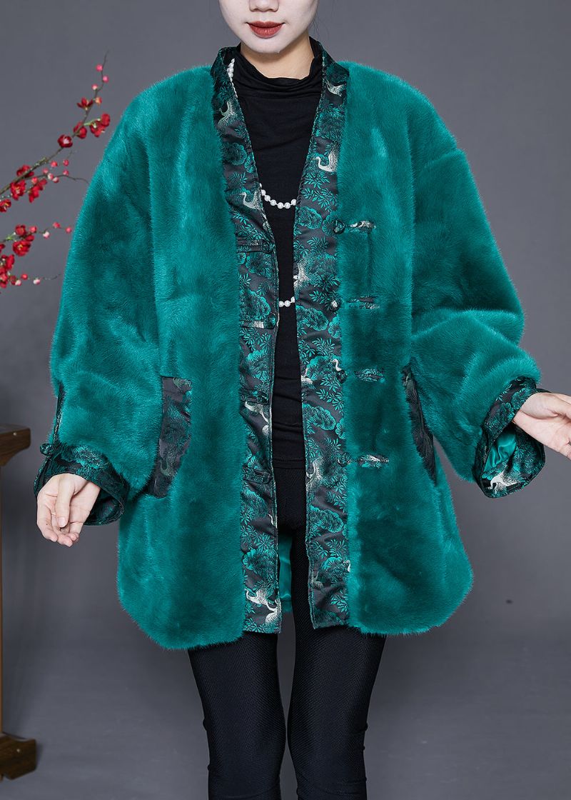 Mooie Pauwgroene Oversized Patchwork Nepbontjassen Winter - Dames winterjassen