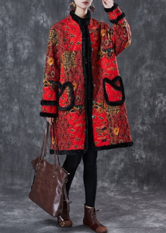 Mooie Rode Print Patchwork Warme Fleece Trenchcoat Winter