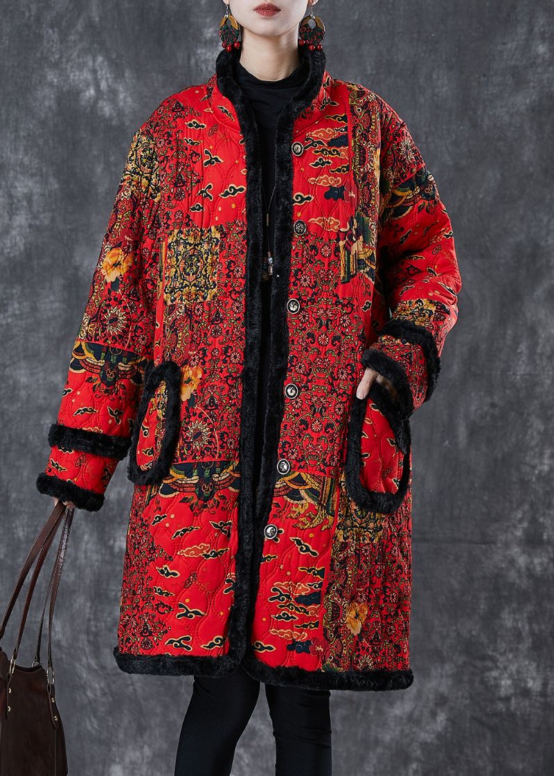 Mooie Rode Print Patchwork Warme Fleece Trenchcoat Winter - Dames winterjassen