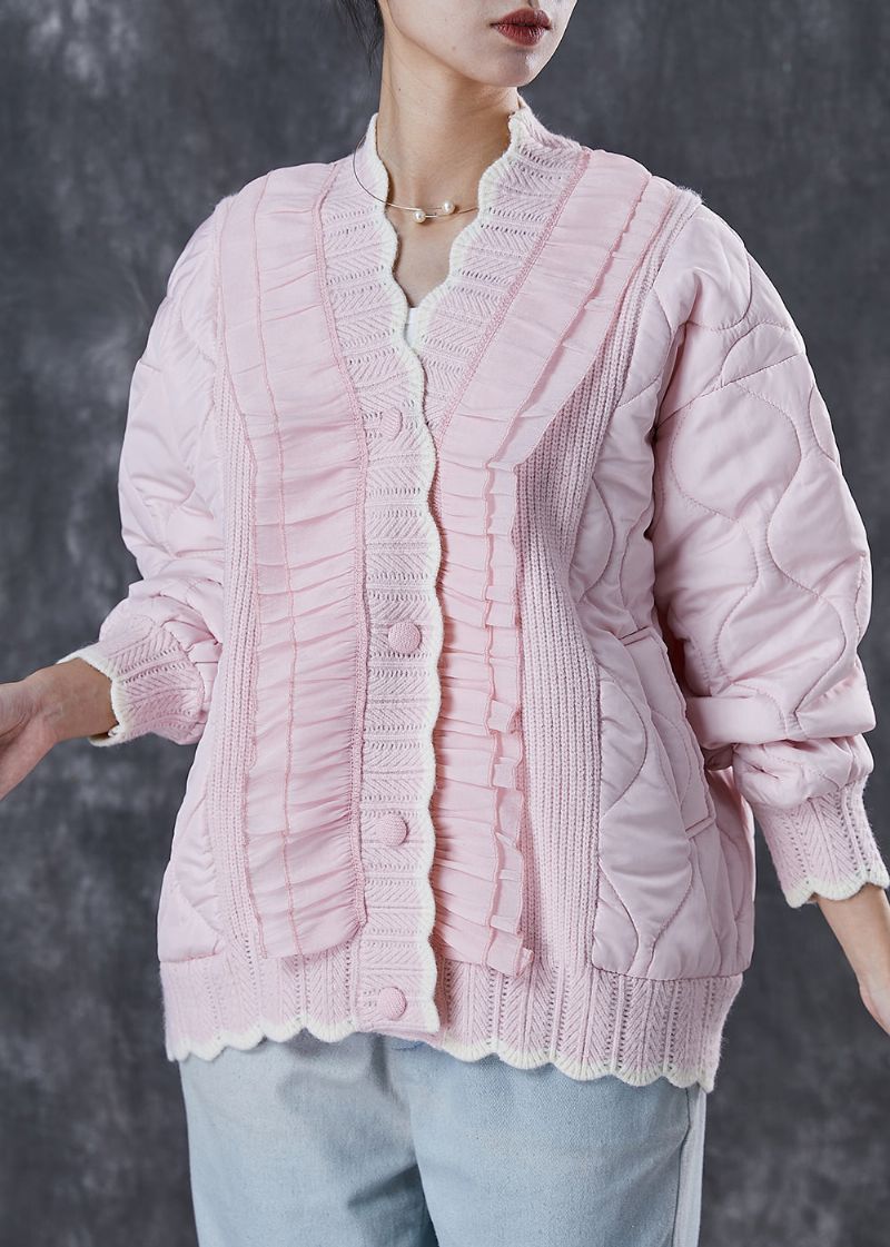 Mooie Roze Gegolfde Patchwork Gebreide Fijne Katoenen Gevulde Jas Lente - Dames winterjassen