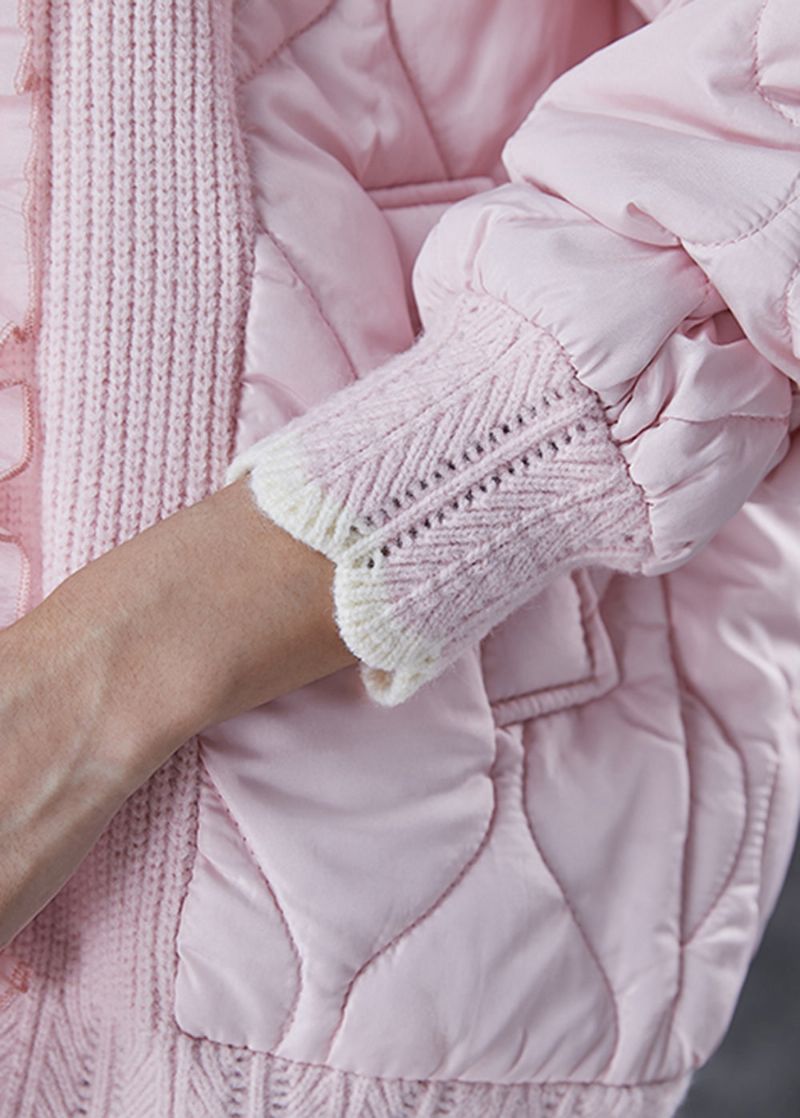 Mooie Roze Gegolfde Patchwork Gebreide Fijne Katoenen Gevulde Jas Lente - Dames winterjassen