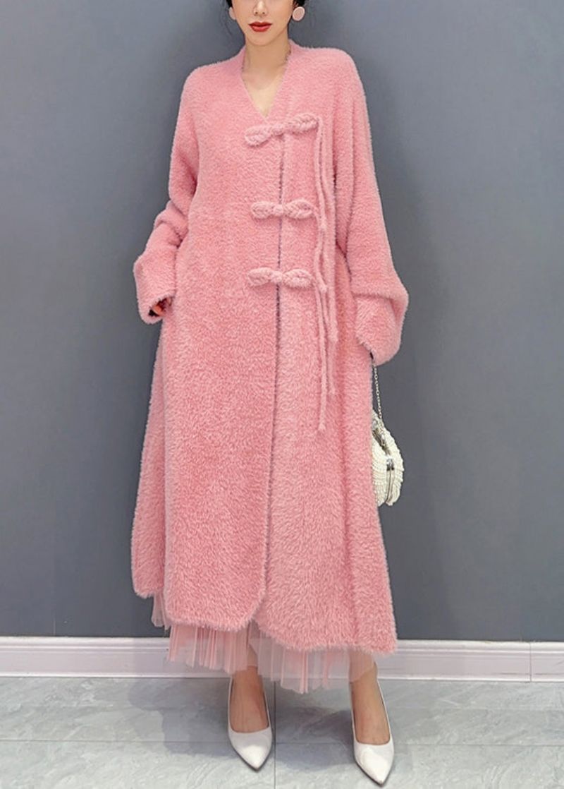 Mooie Roze Wollen Trenchcoat Met Lange Mouwen En V-hals - Dames winterjassen