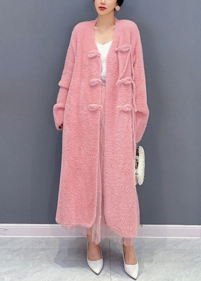 Mooie Roze Wollen Trenchcoat Met Lange Mouwen En V-hals - Dames winterjassen