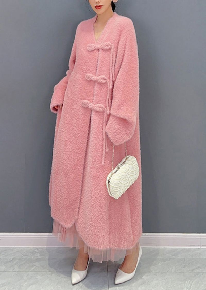 Mooie Roze Wollen Trenchcoat Met Lange Mouwen En V-hals - Dames winterjassen