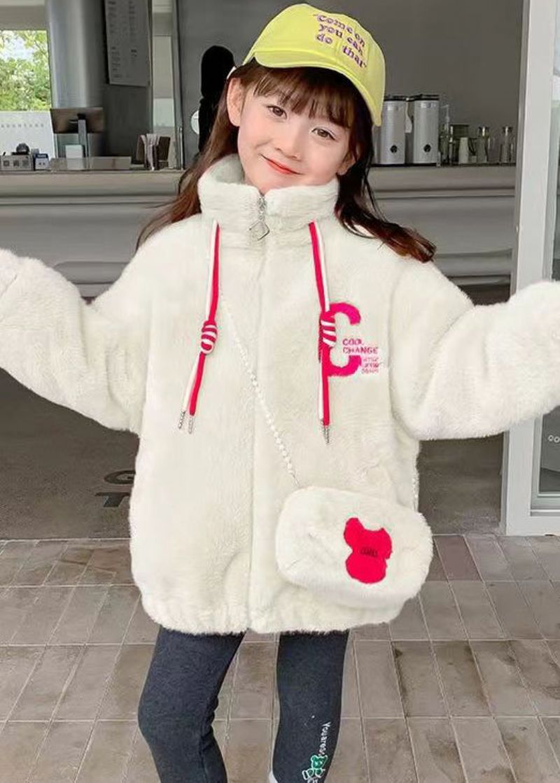 Mooie Witte Geborduurde Zakken Warme Fleece Kindermeisjesjassen Winter - Dames winterjassen