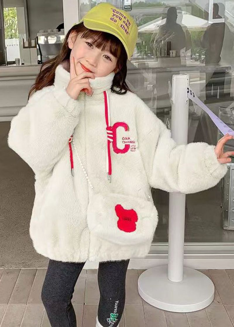 Mooie Witte Geborduurde Zakken Warme Fleece Kindermeisjesjassen Winter - Dames winterjassen