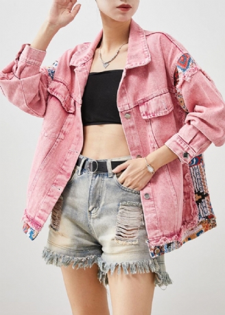 Naturel Roze Oversized Denim Jacks Met Patchwork Lente