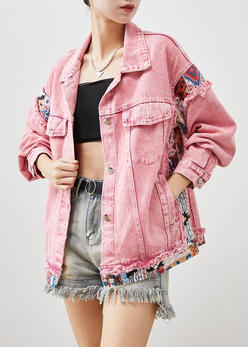 Naturel Roze Oversized Denim Jacks Met Patchwork Lente - Dames winterjassen