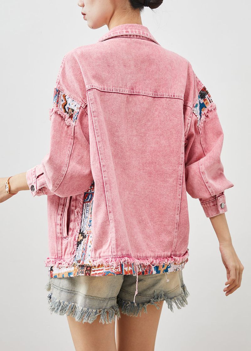 Naturel Roze Oversized Denim Jacks Met Patchwork Lente - Dames winterjassen