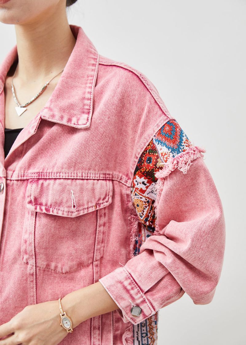 Naturel Roze Oversized Denim Jacks Met Patchwork Lente - Dames winterjassen