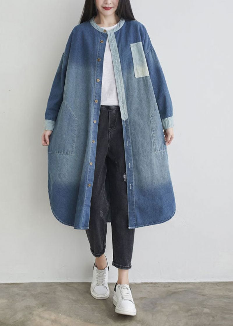 Natuurlijk Blauw O-halszakken Patchwork Denim Uitloper Lente - Dames winterjassen