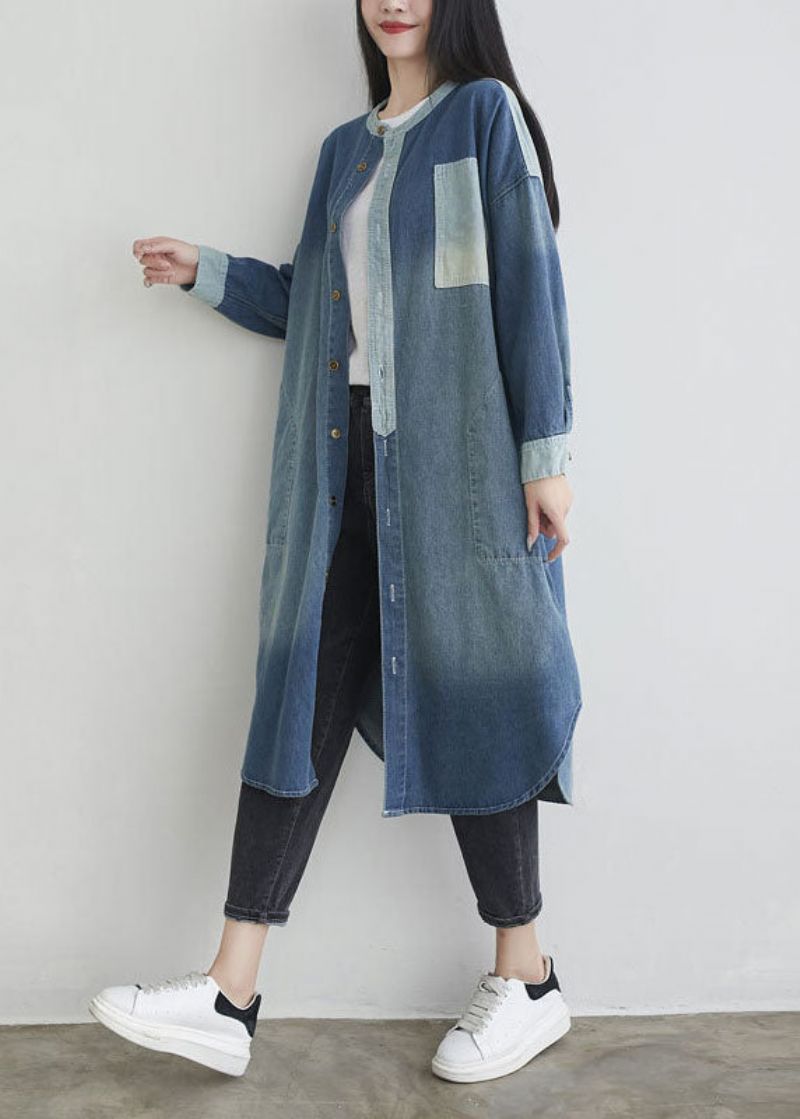 Natuurlijk Blauw O-halszakken Patchwork Denim Uitloper Lente - Dames winterjassen