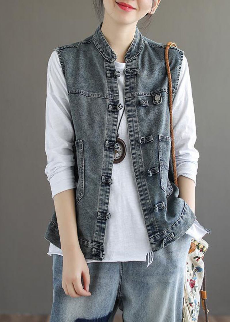 Natuurlijk Blauw Opstaande Kraag Zakken Patchwork Mouwloos Denim Gilet