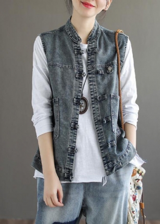 Natuurlijk Blauw Opstaande Kraag Zakken Patchwork Mouwloos Denim Gilet