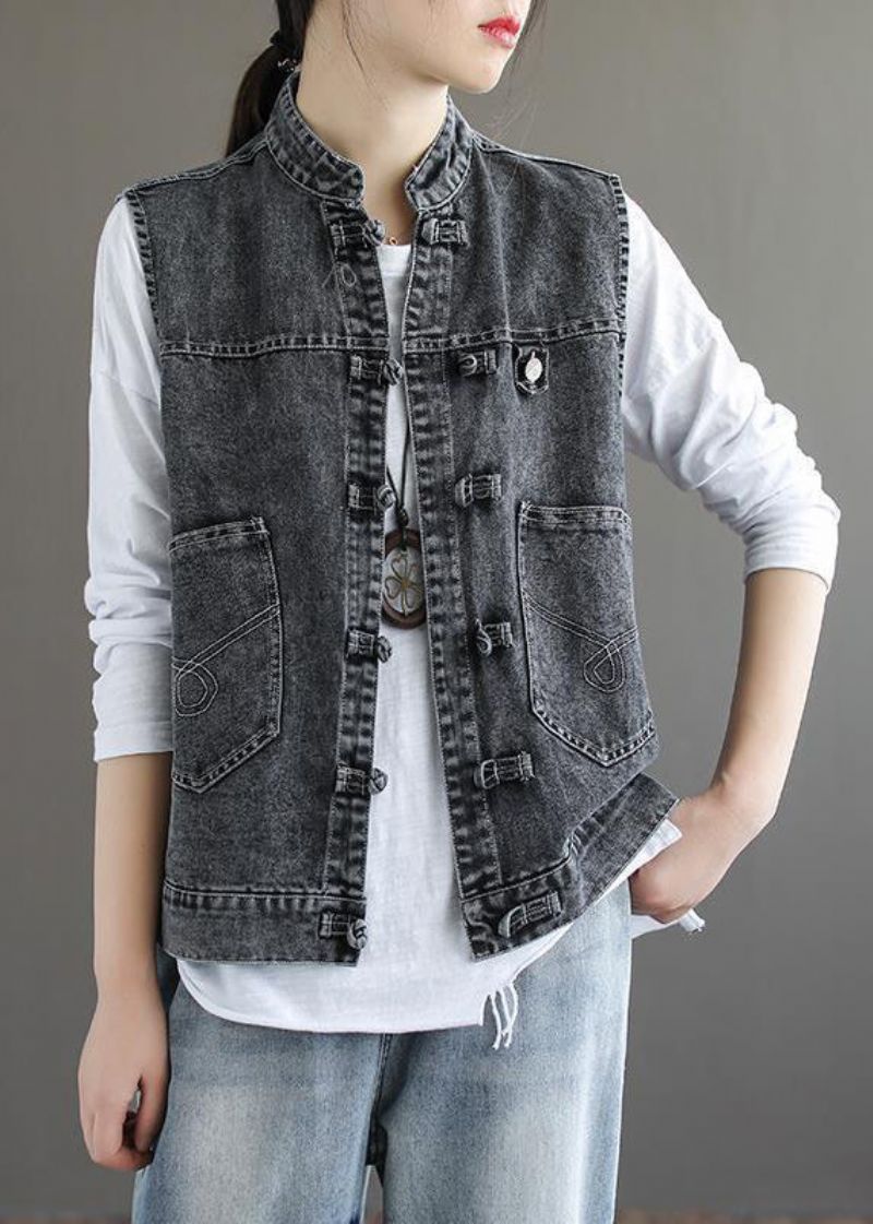 Natuurlijk Blauw Opstaande Kraag Zakken Patchwork Mouwloos Denim Gilet - Blauw