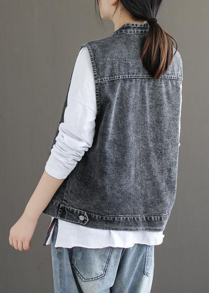 Natuurlijk Blauw Opstaande Kraag Zakken Patchwork Mouwloos Denim Gilet - Blauw