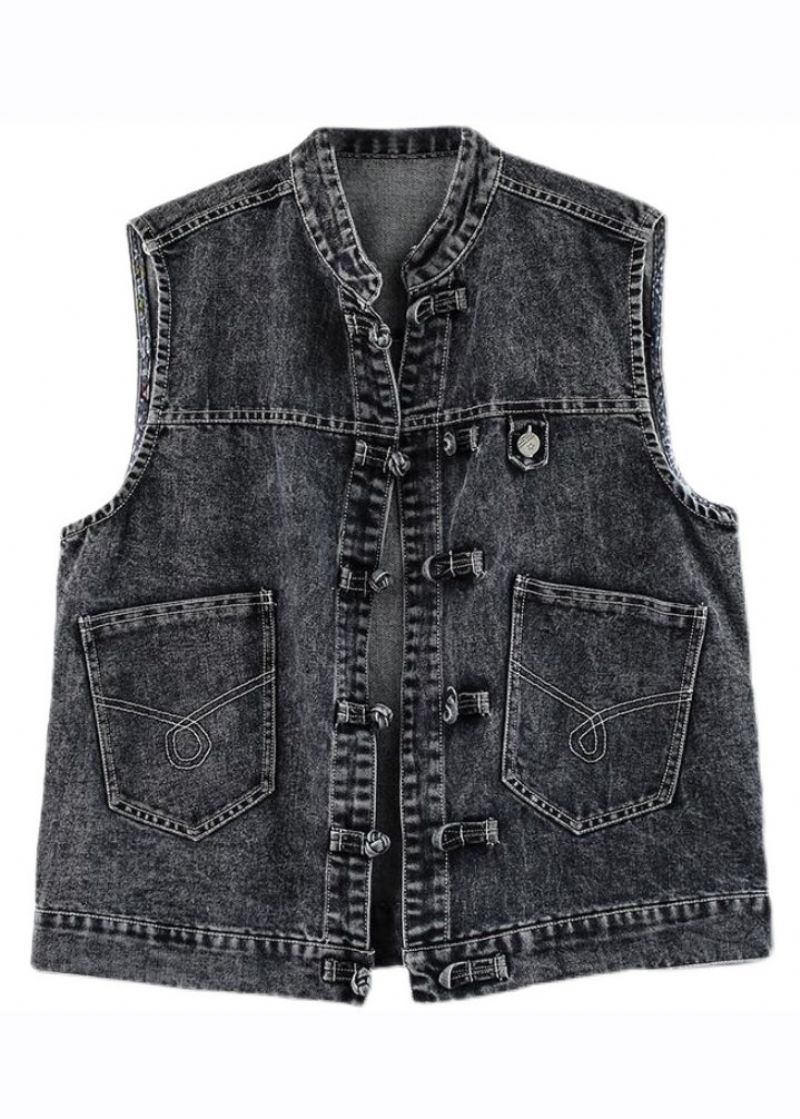 Natuurlijk Blauw Opstaande Kraag Zakken Patchwork Mouwloos Denim Gilet - Blauw