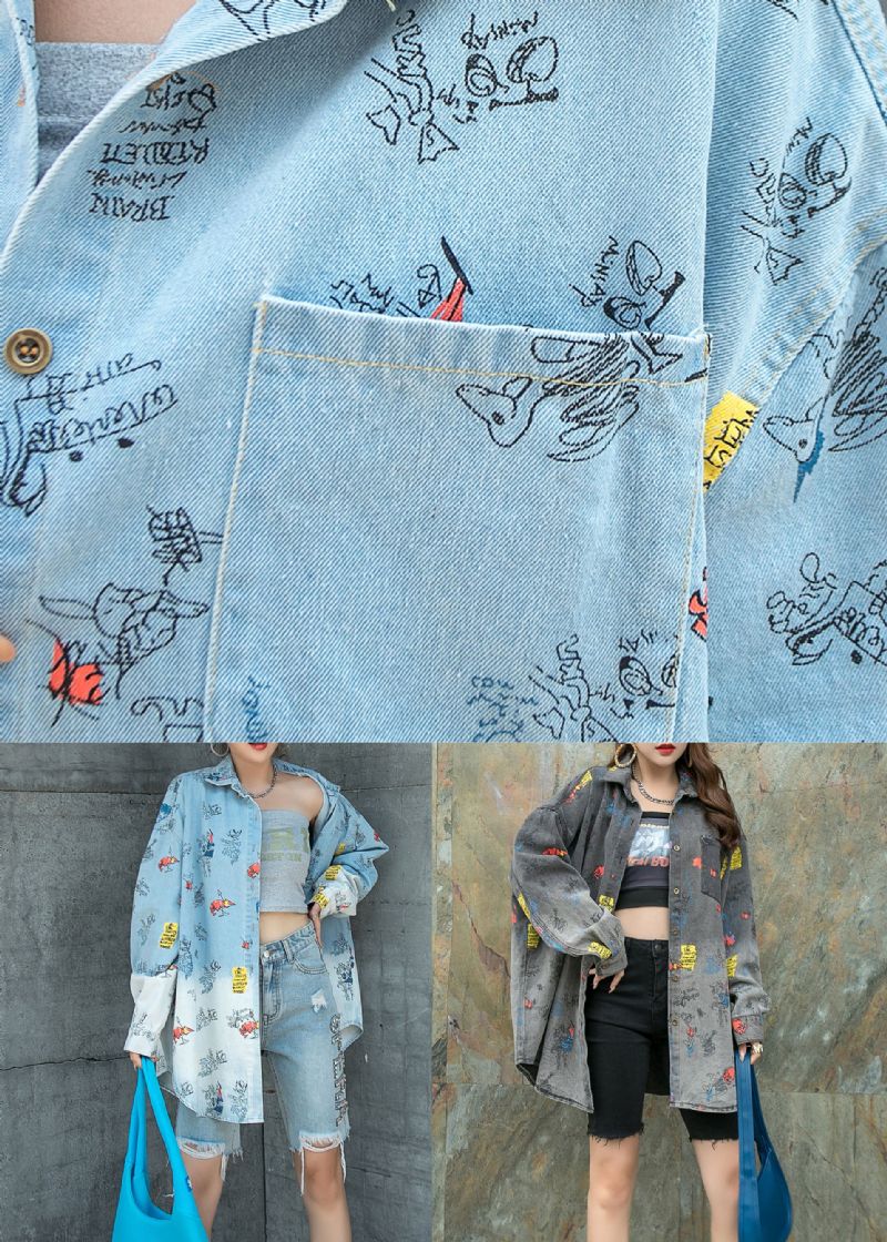 Natuurlijk Lichtblauw Peter Pan Kraag Zakken Patchwork Denim Jas Lente - Lichtblauw