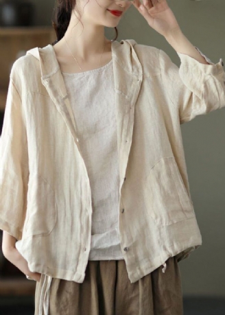 Natuurlijke Beige Zakken Patchwork Linnen Hoodie Jas Zomer