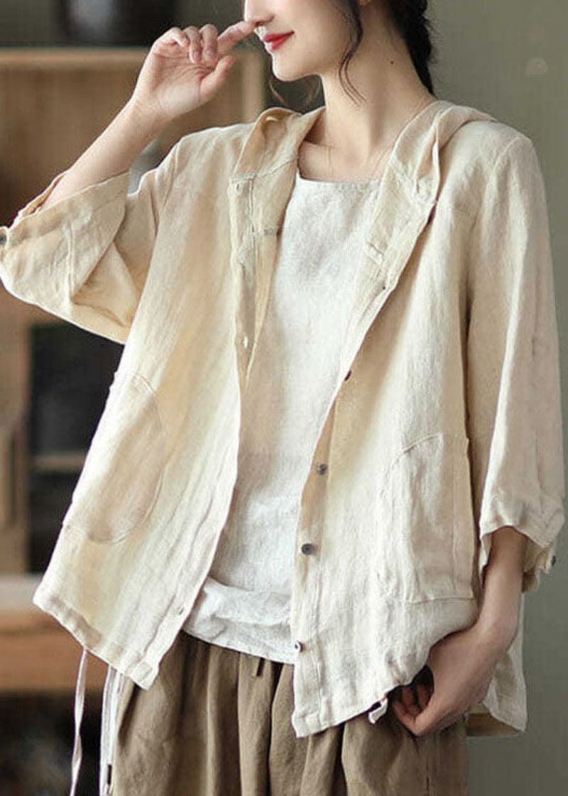 Natuurlijke Beige Zakken Patchwork Linnen Hoodie Jas Zomer - Dames winterjassen