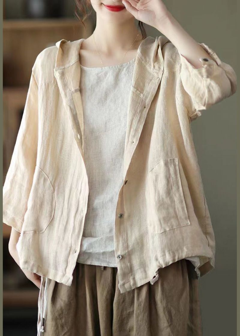 Natuurlijke Beige Zakken Patchwork Linnen Hoodie Jas Zomer - Dames winterjassen