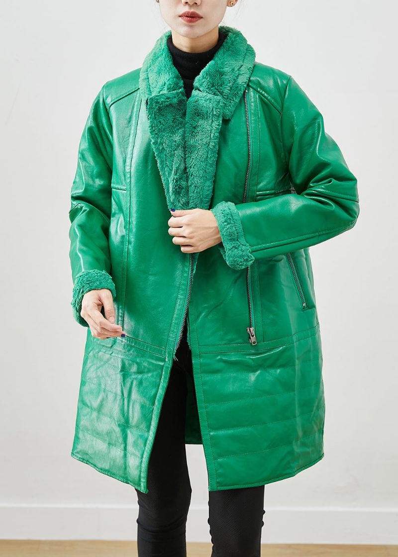 Natuurlijke Groene Ritssluiting Patchwork Eendendons Kunstleer Jassen Winter - Dames winterjassen