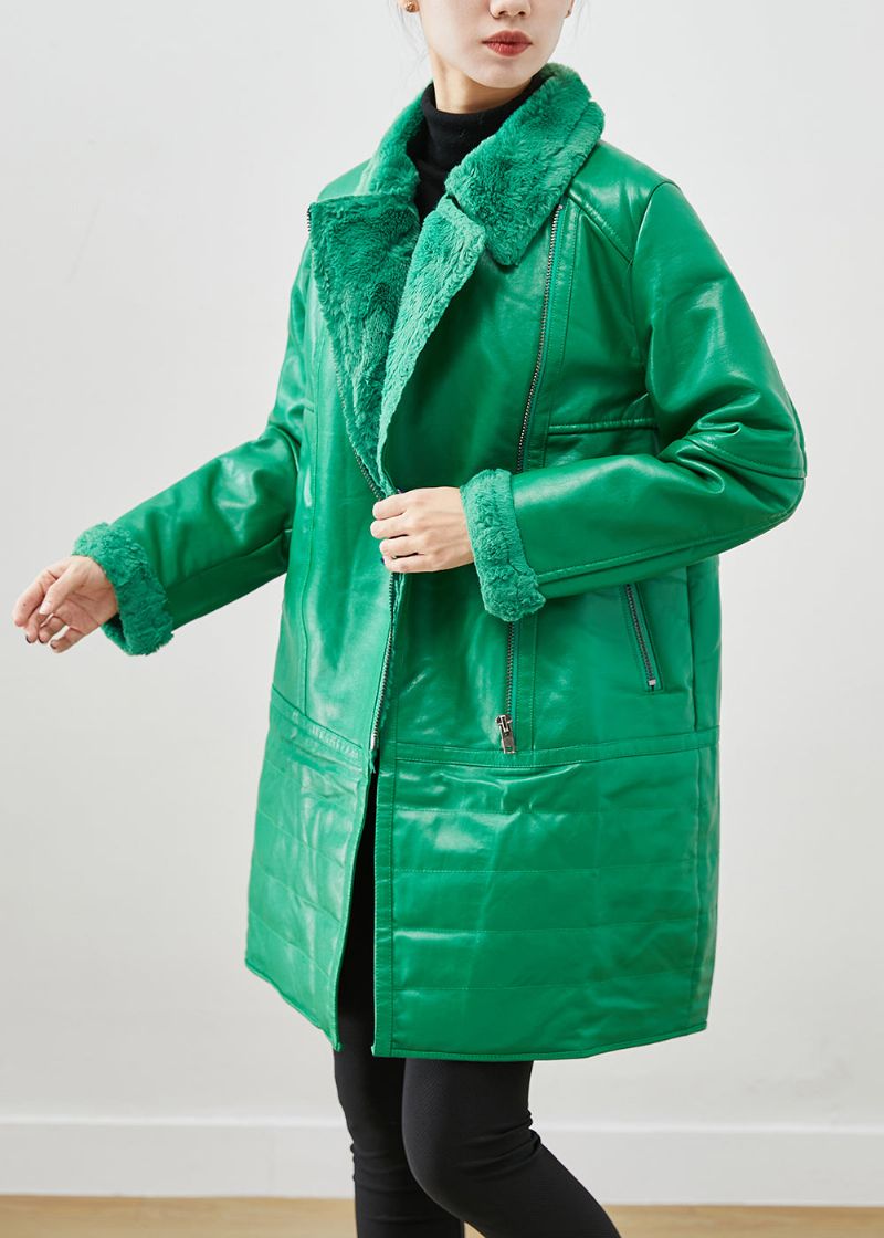 Natuurlijke Groene Ritssluiting Patchwork Eendendons Kunstleer Jassen Winter - Dames winterjassen