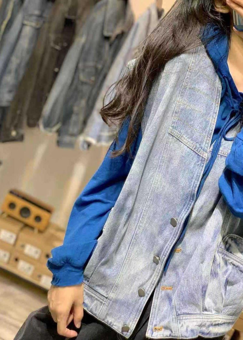 Natuurlijke Mouwloze Katoenen Kleding Voor Damesoverhemden Denimblauwe Overhemden Met V-hals Vallen - Blauw