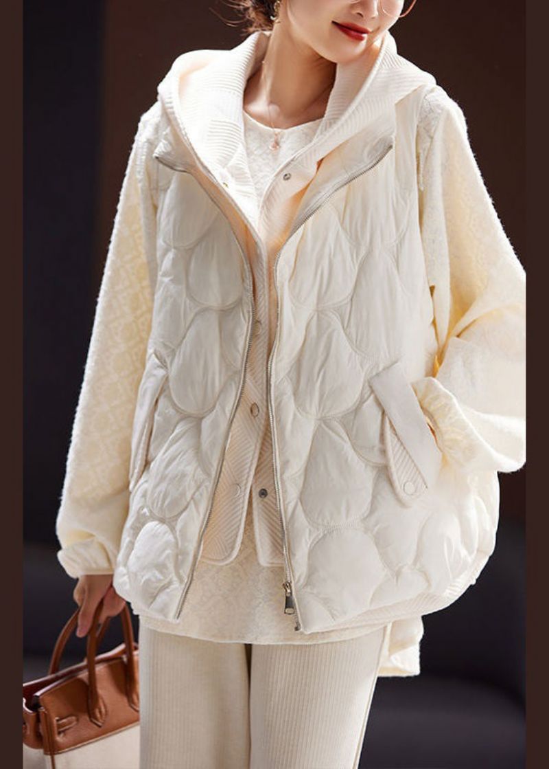 Nieuw Beige Patchwork Met Capuchon Valse Tweedelige Eendendons Mouwloos Vest - Dames winterjassen