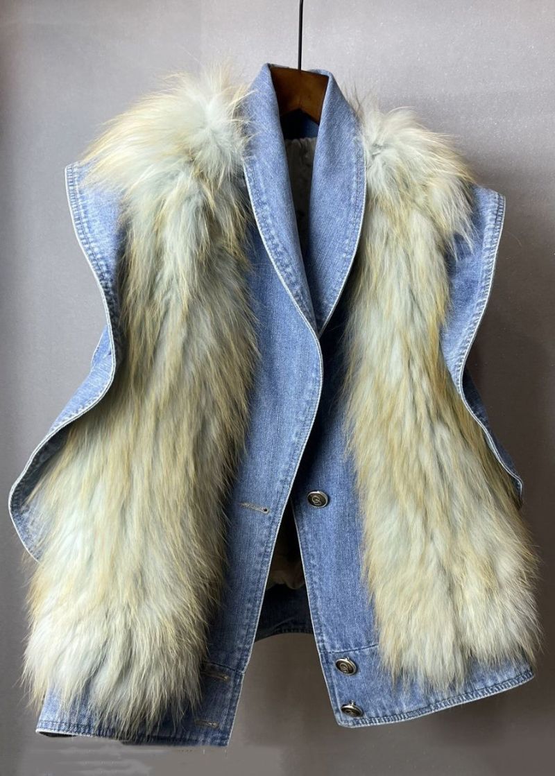 Nieuw Blauw Gegolfd Pluizig Bont Patchwork Denim Vest Zonder Mouwen