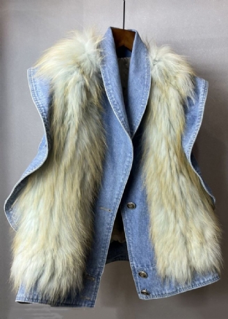 Nieuw Blauw Gegolfd Pluizig Bont Patchwork Denim Vest Zonder Mouwen