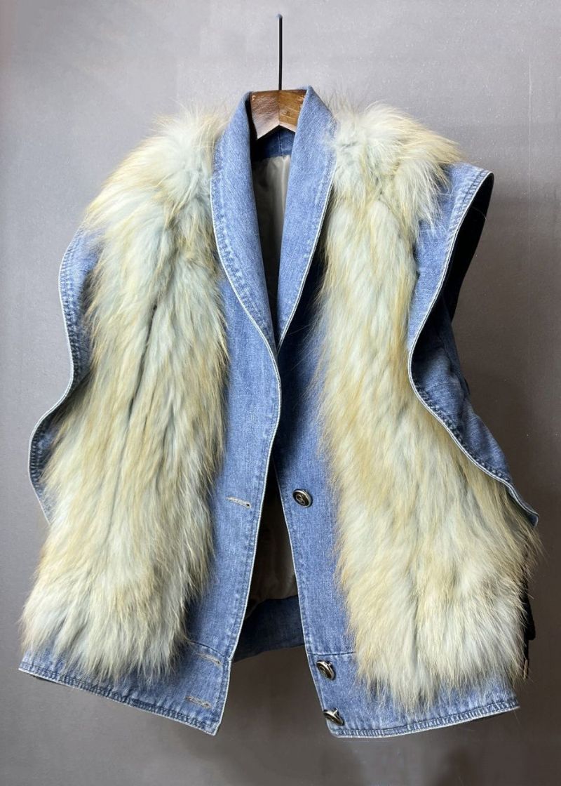 Nieuw Blauw Gegolfd Pluizig Bont Patchwork Denim Vest Zonder Mouwen - Dames winterjassen