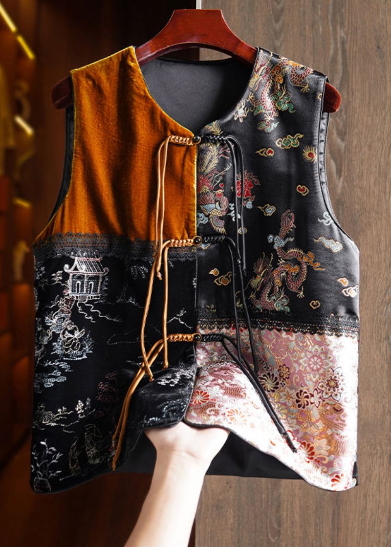 Nieuw Zwart Chinese Knoopgeborduurd Patchwork Zijden Velours Gilet Herfst