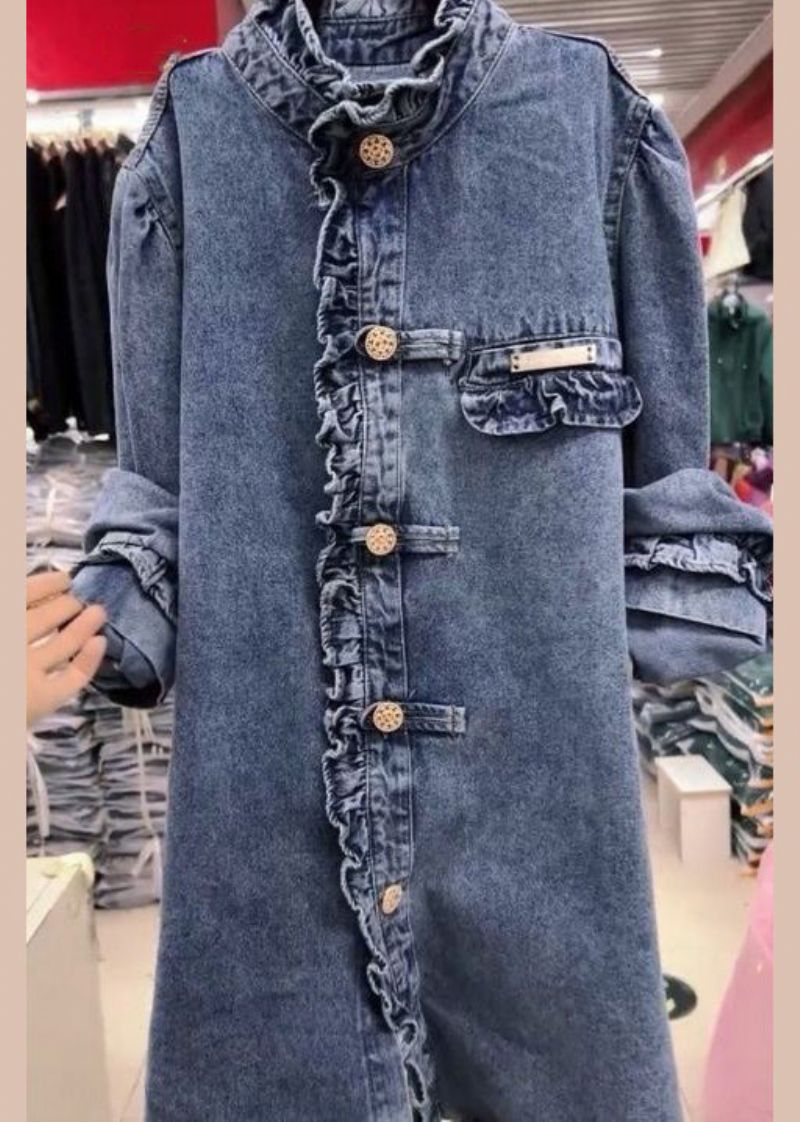 Nieuwe Blauwe Denimjassen Met Ruches En Lange Mouwen - Dames winterjassen