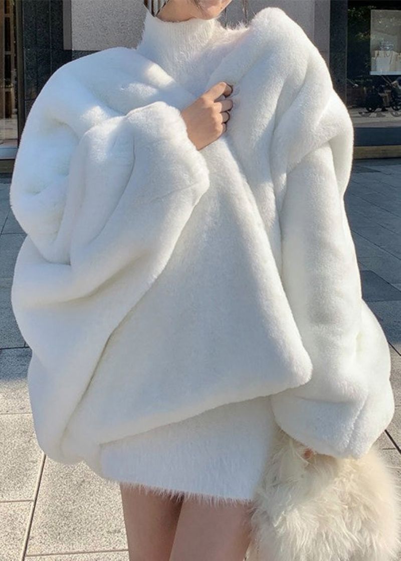 Nieuwe Witte Effen V-hals Pluizig Bont Pluizige Jassen Met Lange Mouwen - Dames winterjassen