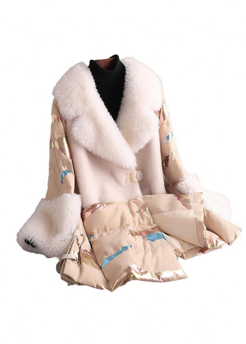 Nieuwigheid Witte Gekerfde Print Wol Patchwork Knoop Eendendons Jas Winter - Dames winterjassen