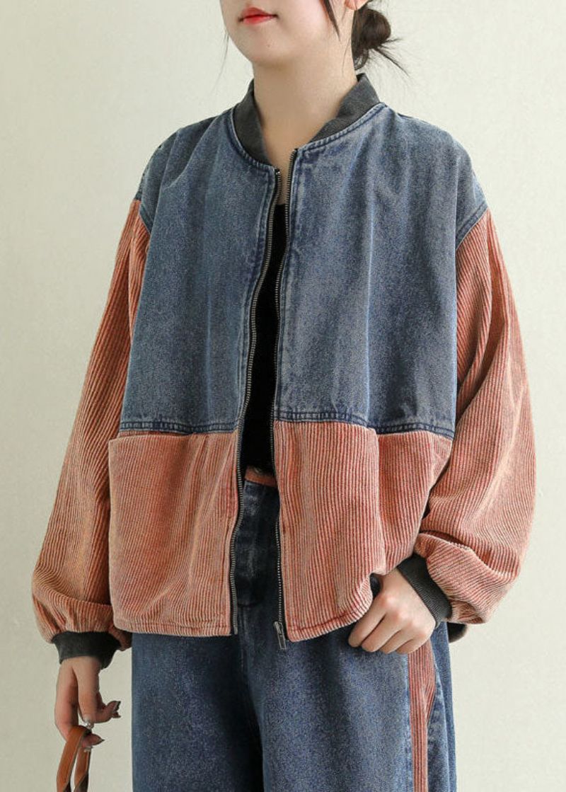 Oranje Zakken Patchwork Corduroy Denim Jack Met Ritssluiting Lente