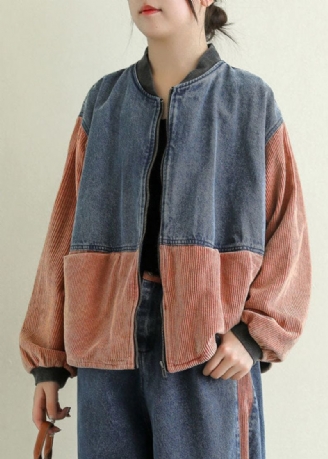 Oranje Zakken Patchwork Corduroy Denim Jack Met Ritssluiting Lente