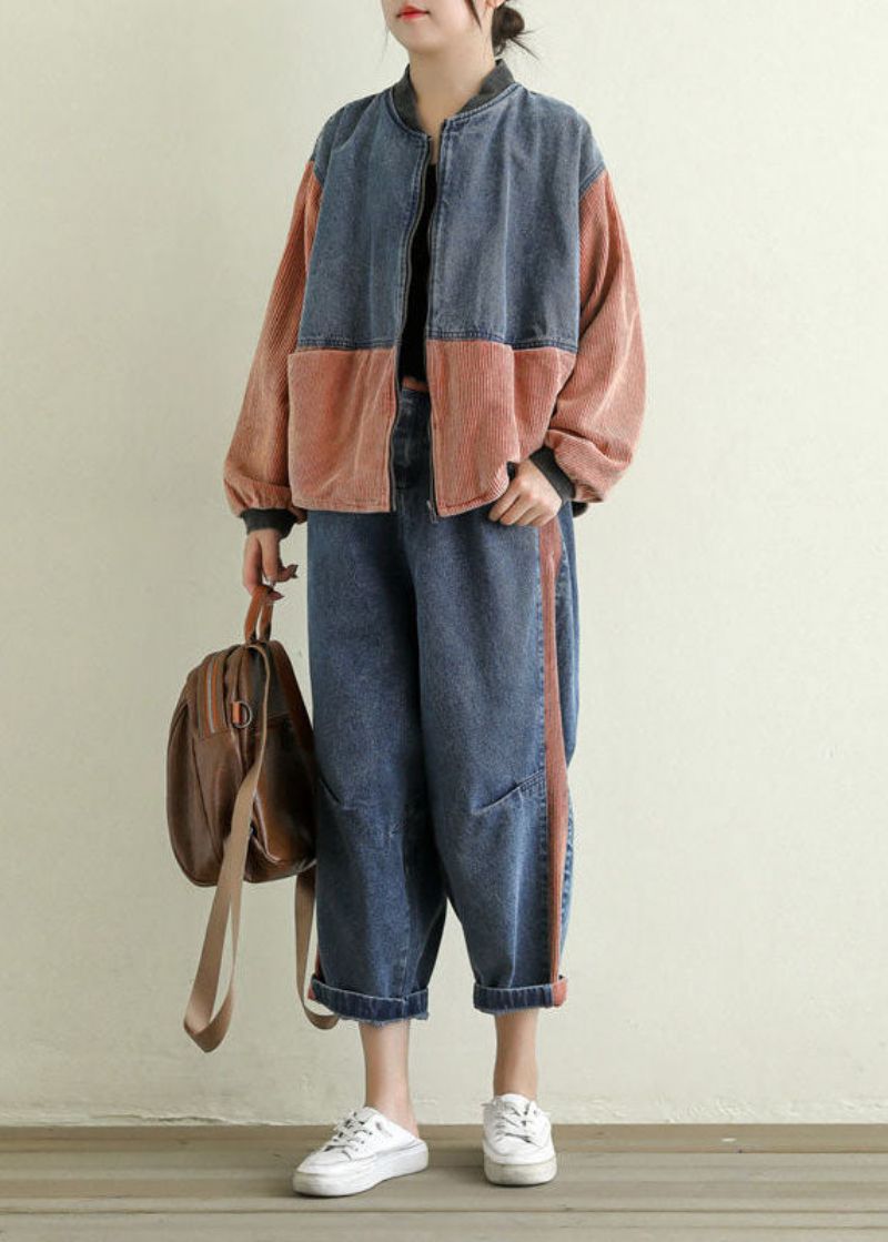 Oranje Zakken Patchwork Corduroy Denim Jack Met Ritssluiting Lente - Dames winterjassen