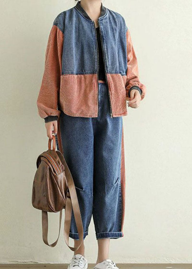 Oranje Zakken Patchwork Corduroy Denim Jack Met Ritssluiting Lente - Dames winterjassen