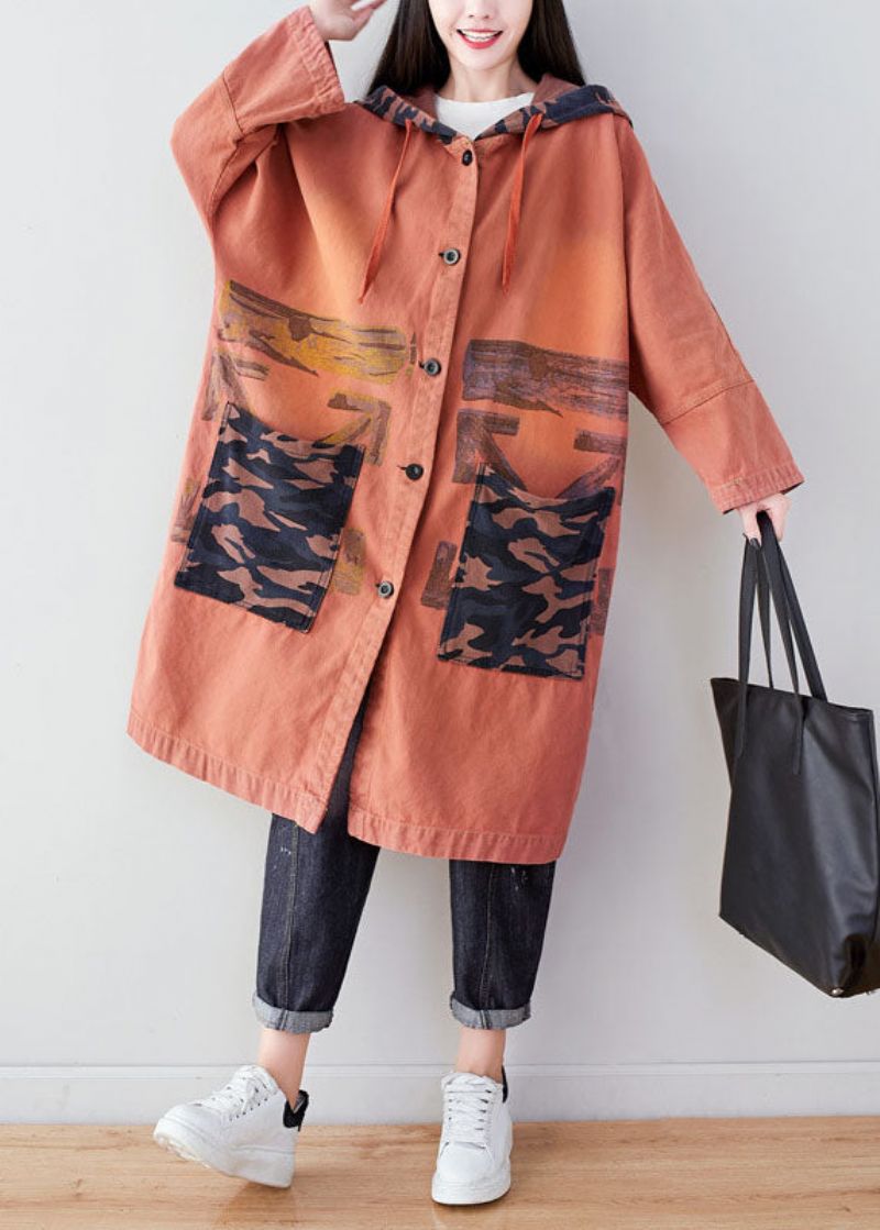 Oranje Zakken Patchwork Print Katoenen Hoodie Jas Lente