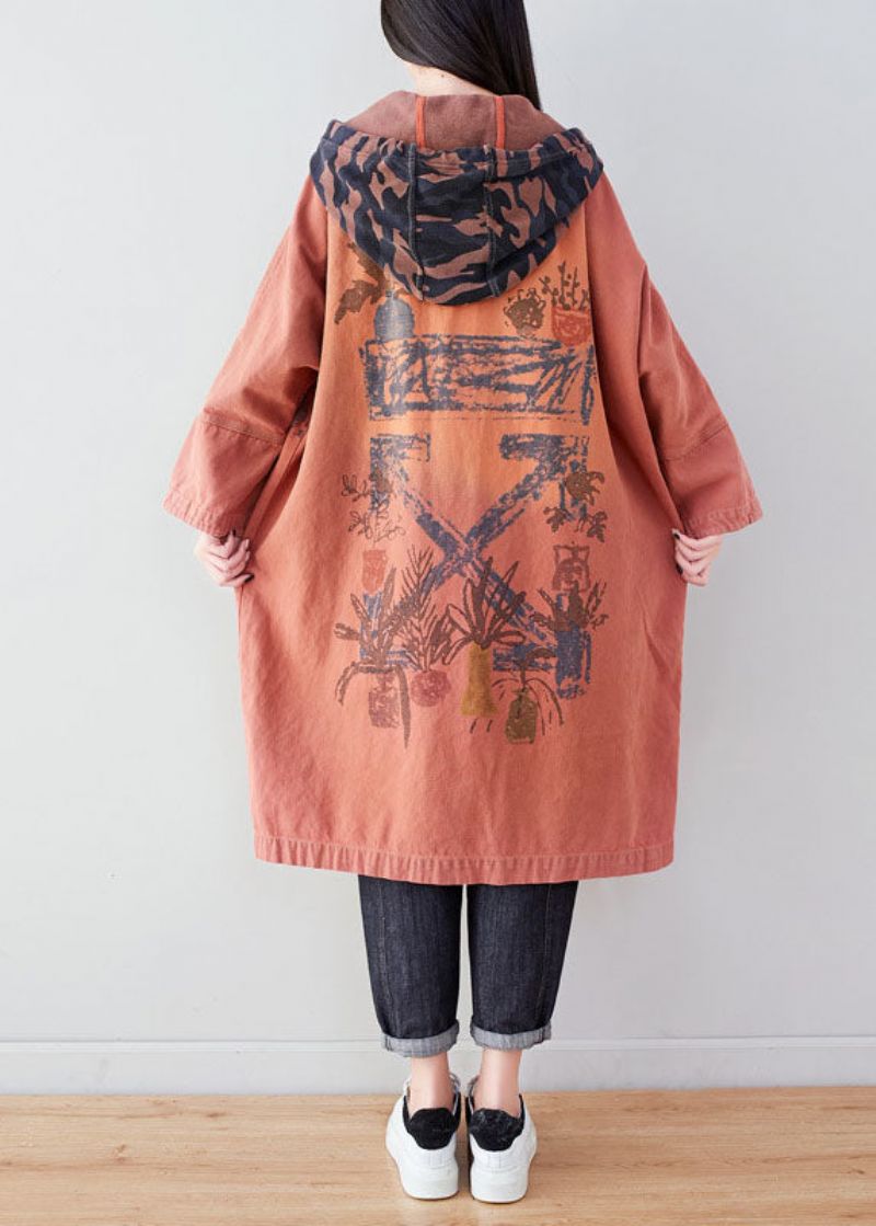 Oranje Zakken Patchwork Print Katoenen Hoodie Jas Lente - Dames winterjassen