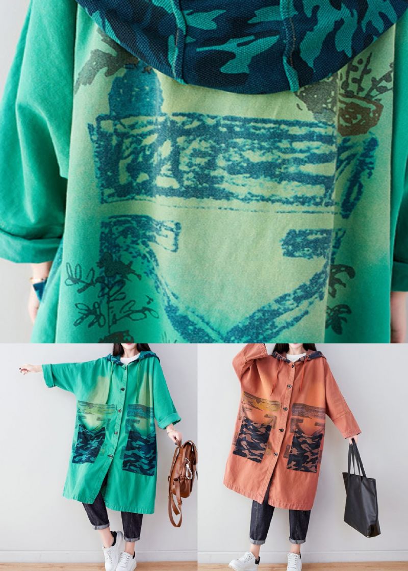 Oranje Zakken Patchwork Print Katoenen Hoodie Jas Lente - Dames winterjassen