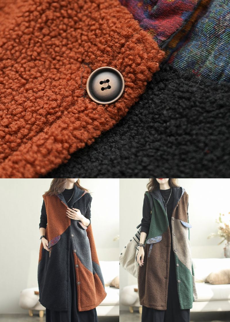 Oranje Zakken Patchwork Teddy Nepbont Vest Met Capuchon Winter - Dames winterjassen