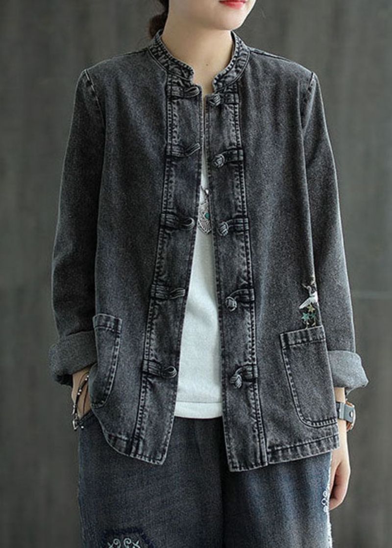 Organische Zwarte Geborduurde Patchwork Denimjassen Met Chinese Knopen Lente - Dames winterjassen